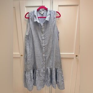 beachlunchlounge Blue /White Striped Sleeveless collared button Tiered Dress xl